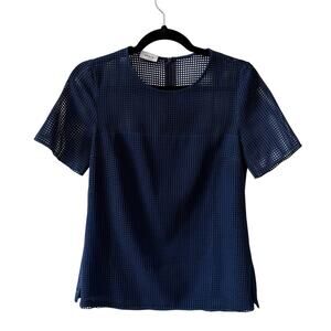 Akris Punto Navy Blue Mesh Overlay Short Sleeve Top Size 4 Silk Lined